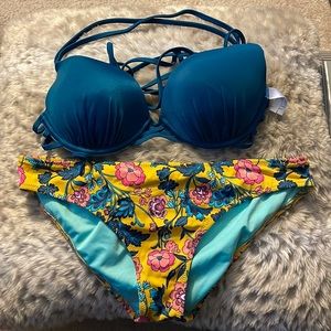 Turquoise bikini top and yellow flower bottom